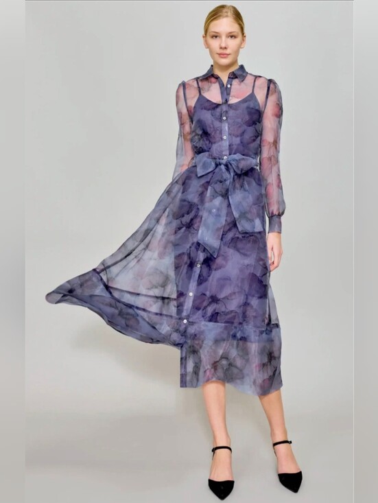 MELLODAY Dresses & Skirts - MELLODAY Long Sleeve Chiffon Dress- Navy/Purple Floral - SizeL